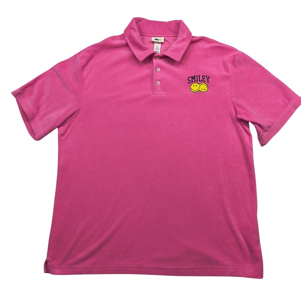 Smiley‎ x H&M Mens Large Pink Terry Cloth Polo Shirt Embroidered Happy Face L